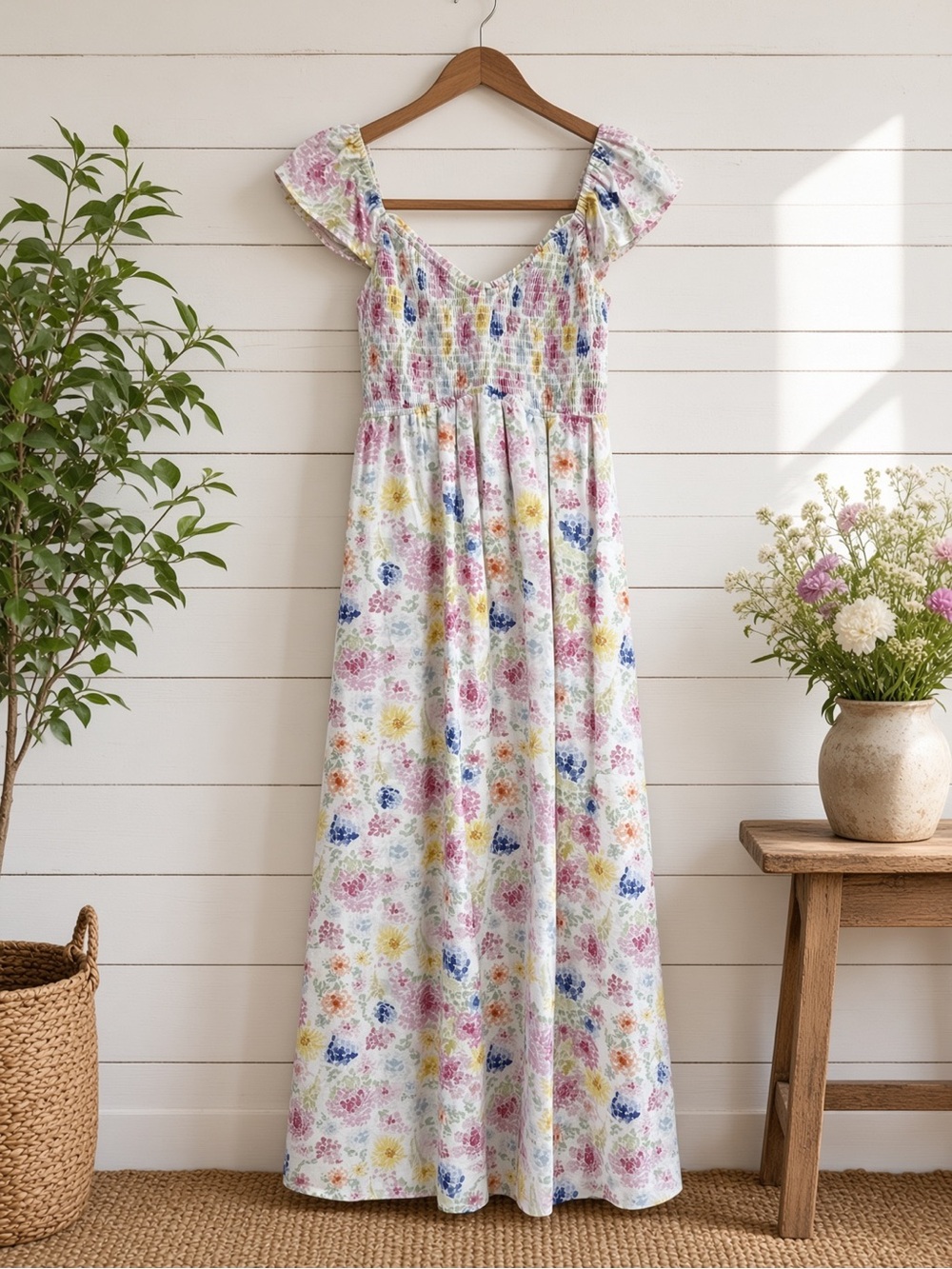 White Multicolor Floral Smocked Midi Dress Flutter Sleeves